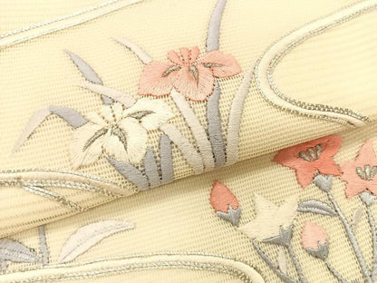 平和屋着物＊夏物　九寸名古屋帯　駒刺繍　総刺繍　枝花文　銀糸　正絹　逸品　CABK1278fb
