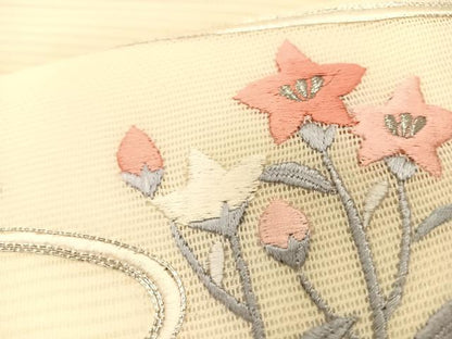 平和屋着物＊夏物　九寸名古屋帯　駒刺繍　総刺繍　枝花文　銀糸　正絹　逸品　CABK1278fb
