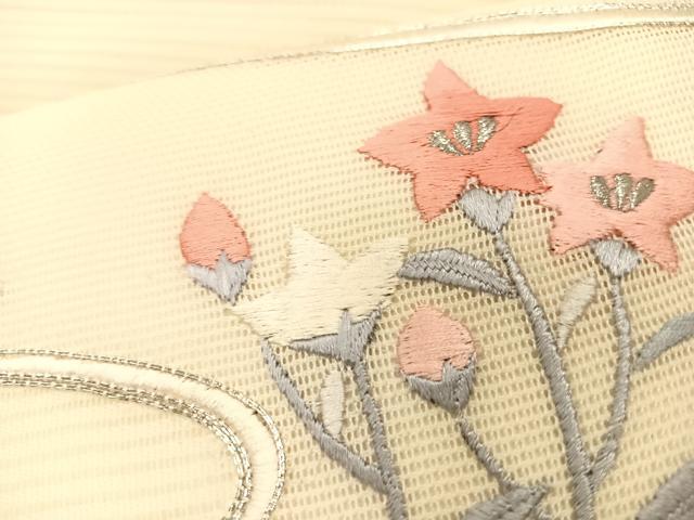 平和屋着物＊夏物　九寸名古屋帯　駒刺繍　総刺繍　枝花文　銀糸　正絹　逸品　CABK1278fb