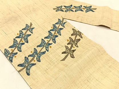 平和屋着物＊夏物　九寸名古屋帯　型染め　鳥　麻　逸品　CABK1308fb