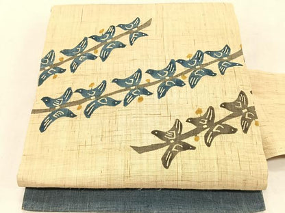 平和屋着物＊夏物　九寸名古屋帯　型染め　鳥　麻　逸品　CABK1308fb