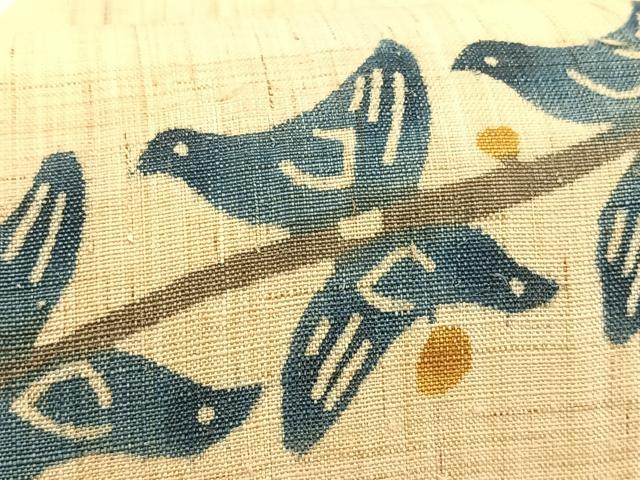 平和屋着物＊夏物　九寸名古屋帯　型染め　鳥　麻　逸品　CABK1308fb