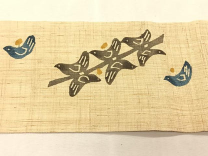 平和屋着物＊夏物　九寸名古屋帯　型染め　鳥　麻　逸品　CABK1308fb