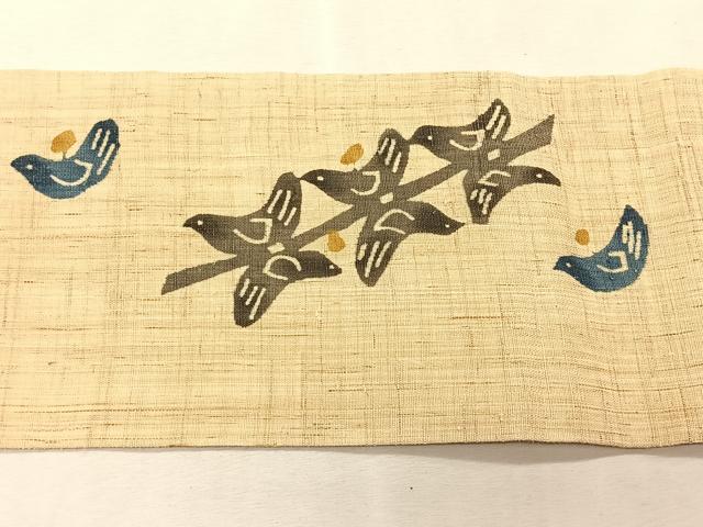 平和屋着物＊夏物　九寸名古屋帯　型染め　鳥　麻　逸品　CABK1308fb
