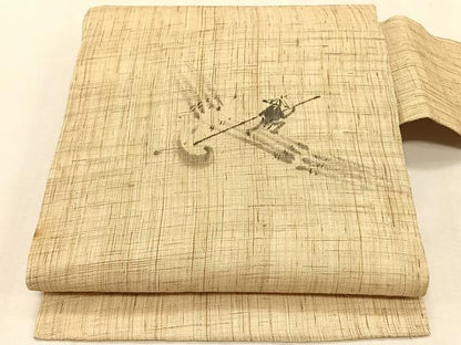 平和屋着物＊夏物　九寸名古屋帯　手描き　人物筏文　麻　逸品　CABK1309fb