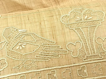 平和屋着物＊夏物　九寸開き名古屋帯　スワトウ刺繍　花鳥文　麻　逸品　CABK1310fb