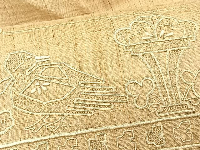 平和屋着物＊夏物　九寸開き名古屋帯　スワトウ刺繍　花鳥文　麻　逸品　CABK1310fb