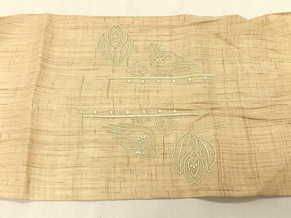 平和屋着物＊夏物　九寸開き名古屋帯　スワトウ刺繍　花鳥文　麻　逸品　CABK1310fb