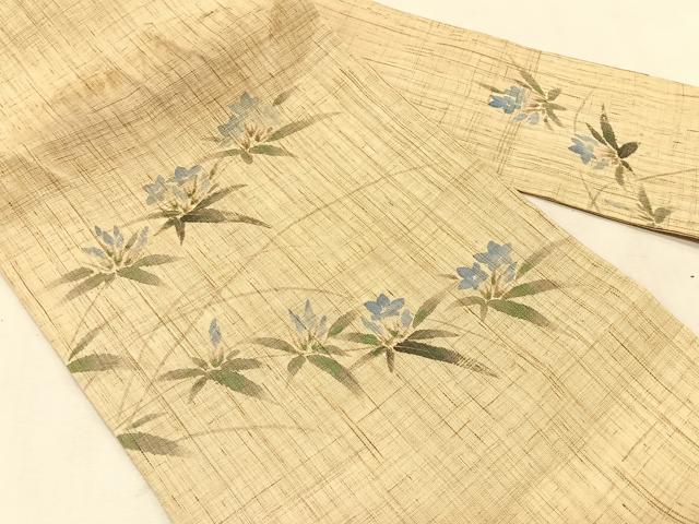 平和屋着物＊夏物　九寸名古屋帯　手描き　桔梗　麻　逸品　CABK1311fb