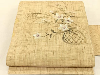 平和屋着物＊夏物　九寸名古屋帯　手描き　花籠文　麻　逸品　CABK1312fb