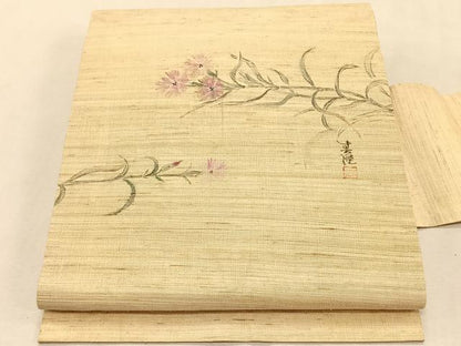 平和屋着物＊夏物　九寸名古屋帯　作家物　手描き　枝花文　麻　逸品　CABK1313fb