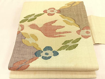 平和屋着物＊夏物　九寸名古屋帯　紬地　花鳥文　銀糸　正絹　逸品　CABK1326fb