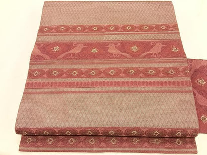 平和屋着物＊夏物　九寸名古屋帯　横段花鳥文　正絹　逸品　CABK1342fb