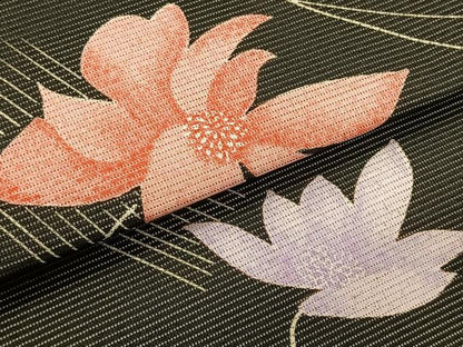平和屋着物＊夏物　九寸名古屋帯　枝花文　黒地　CABK1346fb