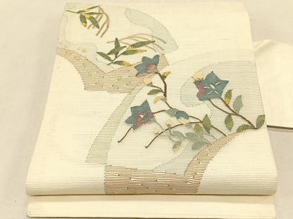 平和屋着物＊夏物　九寸名古屋帯　すくい織　地紙重ね枝花文　金糸　正絹　逸品　CABK1349fb