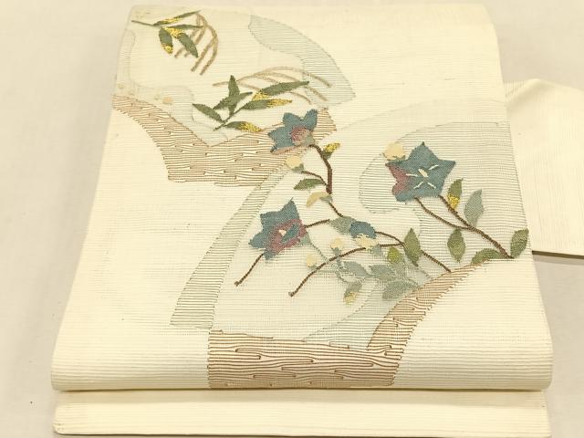 平和屋着物＊夏物　九寸名古屋帯　すくい織　地紙重ね枝花文　金糸　正絹　逸品　CABK1349fb