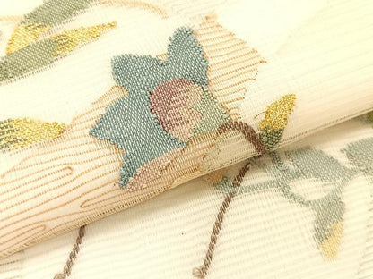 平和屋着物＊夏物　九寸名古屋帯　すくい織　地紙重ね枝花文　金糸　正絹　逸品　CABK1349fb