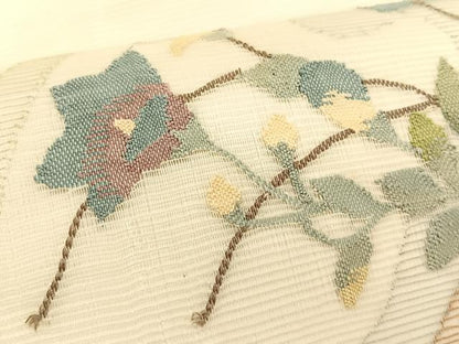 平和屋着物＊夏物　九寸名古屋帯　すくい織　地紙重ね枝花文　金糸　正絹　逸品　CABK1349fb