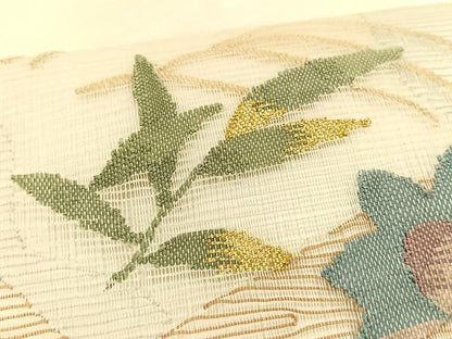 平和屋着物＊夏物　九寸名古屋帯　すくい織　地紙重ね枝花文　金糸　正絹　逸品　CABK1349fb