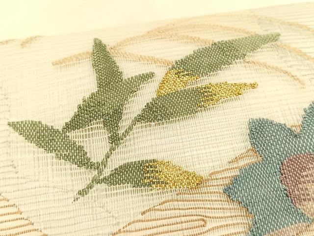 平和屋着物＊夏物　九寸名古屋帯　すくい織　地紙重ね枝花文　金糸　正絹　逸品　CABK1349fb
