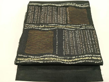 平和屋着物＊夏物　八寸名古屋帯　抽象文様　黒地　金銀糸　正絹　逸品　CABK1352fb