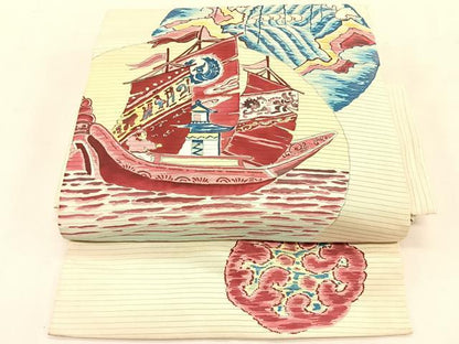 平和屋着物＊夏物　絽塩瀬　つけ帯　手描き　舟　銀彩　正絹　逸品　CABK1357fb