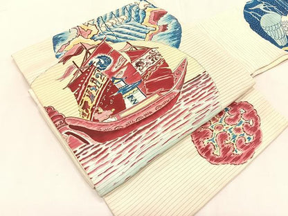 平和屋着物＊夏物　絽塩瀬　つけ帯　手描き　舟　銀彩　正絹　逸品　CABK1357fb