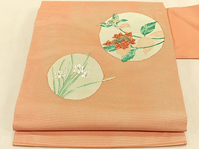 平和屋着物＊夏物　九寸名古屋帯　唐織　枝花丸文　銀糸　正絹　逸品　CABK1361fb