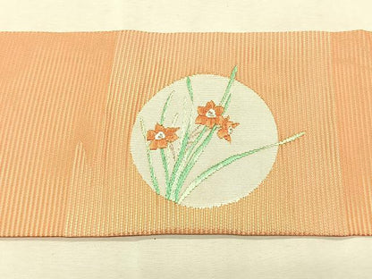 平和屋着物＊夏物　九寸名古屋帯　唐織　枝花丸文　銀糸　正絹　逸品　CABK1361fb