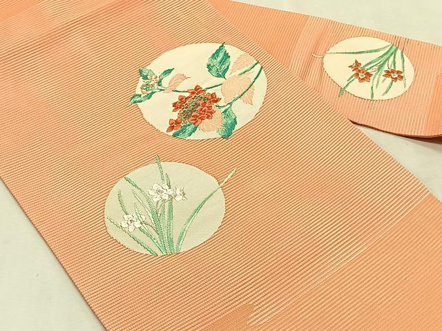 平和屋着物＊夏物　九寸名古屋帯　唐織　枝花丸文　銀糸　正絹　逸品　CABK1361fb