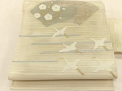 平和屋着物＊夏物　八寸名古屋帯　絽綴れ　飛鶴地紙花文　金銀糸　正絹　逸品　CABK1365fb