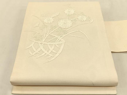 平和屋着物＊夏物　九寸名古屋帯　総刺繍　枝花籠文　三越扱い　正絹　逸品　CABK1378fb