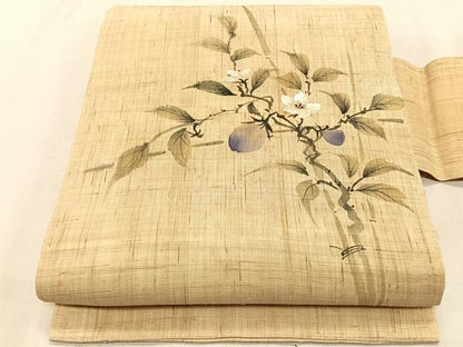 平和屋着物＊夏物　九寸名古屋帯　手描き　枝花文　麻　逸品　CABK1381fb