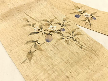 平和屋着物＊夏物　九寸名古屋帯　手描き　枝花文　麻　逸品　CABK1381fb