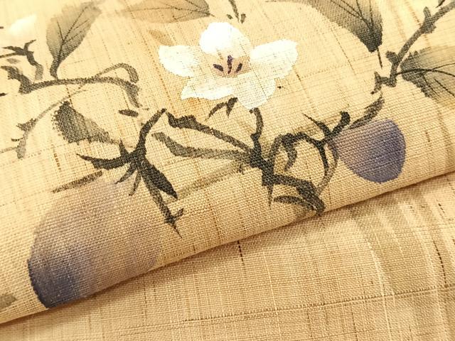 平和屋着物＊夏物　九寸名古屋帯　手描き　枝花文　麻　逸品　CABK1381fb