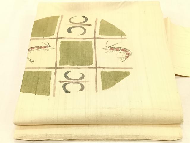 平和屋着物＊夏物　九寸名古屋帯　手描き　紬地　海老　正絹　逸品　CABK1382fb