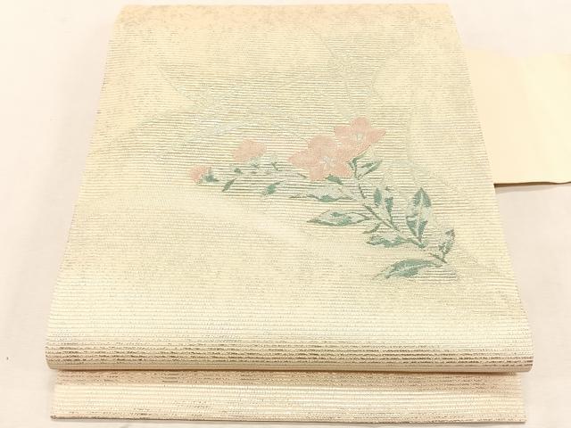 平和屋着物＊夏物　九寸名古屋帯　枝花文　銀糸　正絹　逸品　CABK1403fb