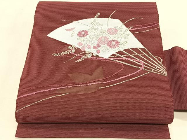 平和屋着物＊夏物　八寸名古屋帯　絽綴れ　扇面枝菊文　銀糸　CABK1410fb