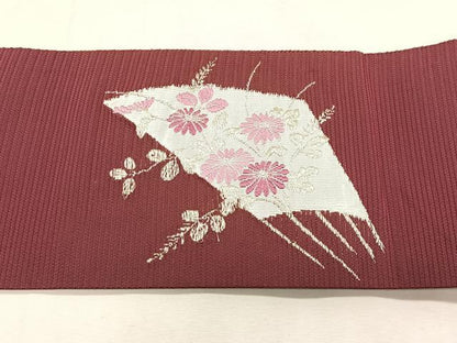 平和屋着物＊夏物　八寸名古屋帯　絽綴れ　扇面枝菊文　銀糸　CABK1410fb