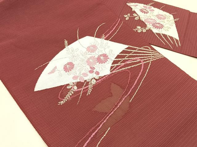 平和屋着物＊夏物　八寸名古屋帯　絽綴れ　扇面枝菊文　銀糸　CABK1410fb