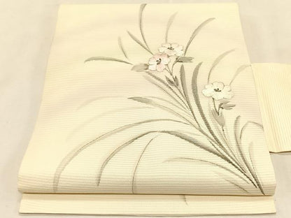 平和屋着物＊夏物　九寸名古屋帯　作家物　手描き　刺繍　草花文　銀彩　正絹　逸品　CABK1418fb