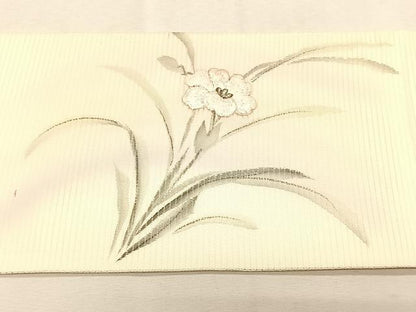 平和屋着物＊夏物　九寸名古屋帯　作家物　手描き　刺繍　草花文　銀彩　正絹　逸品　CABK1418fb