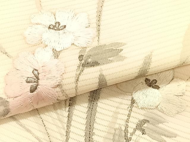 平和屋着物＊夏物　九寸名古屋帯　作家物　手描き　刺繍　草花文　銀彩　正絹　逸品　CABK1418fb