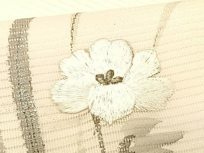 平和屋着物＊夏物　九寸名古屋帯　作家物　手描き　刺繍　草花文　銀彩　正絹　逸品　CABK1418fb