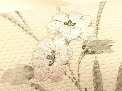 平和屋着物＊夏物　九寸名古屋帯　作家物　手描き　刺繍　草花文　銀彩　正絹　逸品　CABK1418fb