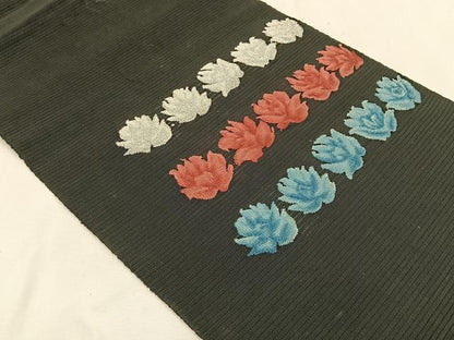 平和屋着物＊夏物　八寸名古屋帯　絽綴れ　横段花文　黒地　銀糸　CABK1423fb
