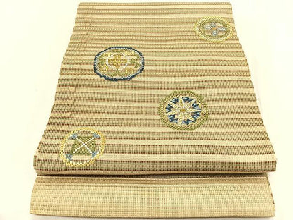 平和屋着物＊夏物　丸帯　刺繍　花丸文　銀糸　正絹　逸品　CABK1434fb