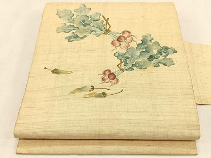 平和屋着物＊夏物　九寸名古屋帯　手描き　成り物　麻　逸品　CABK1438fb