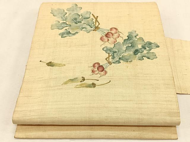平和屋着物＊夏物　九寸名古屋帯　手描き　成り物　麻　逸品　CABK1438fb