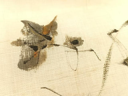 平和屋着物＊夏物　九寸名古屋帯　作家物　手描き　葡萄蔦の葉文　金彩　麻　逸品　CABK1442fb